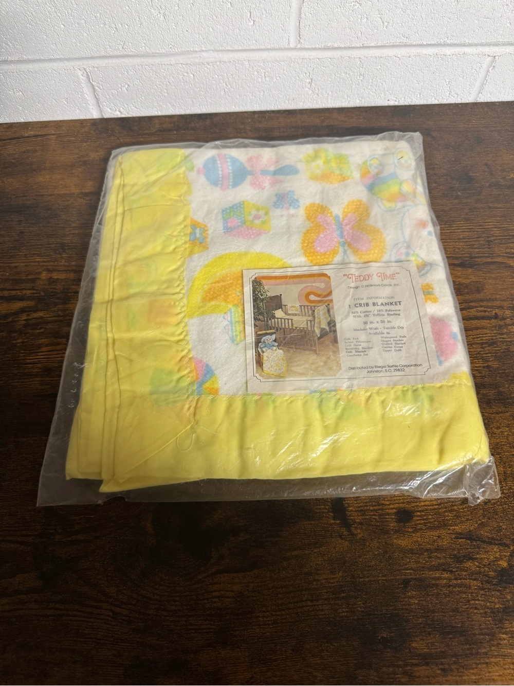 Vintage deadstock Hallmark Teddy Time Crib Blanket 36x50 Yellow Cotton Washable